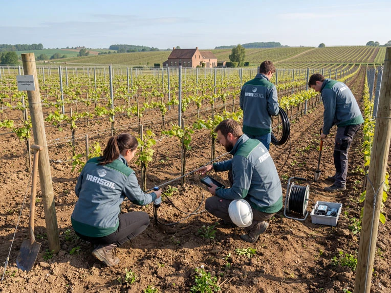Quatre techniciens Irrisoil posent une ligne de goutte-à-goutte dans une jeune vigne