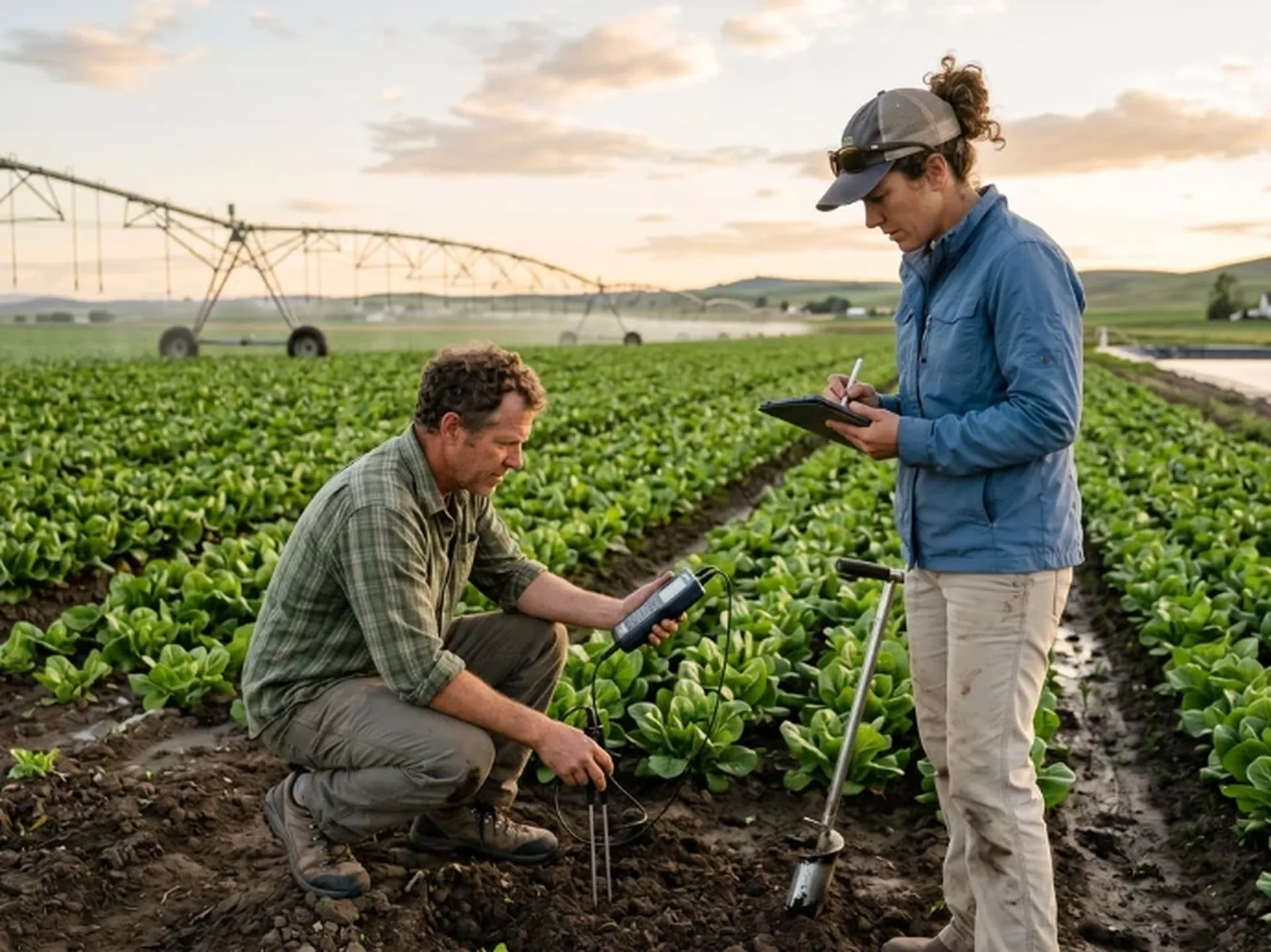 Deux techniciens contrôlent l'humidité du sol dans un champ irrigué par pivot