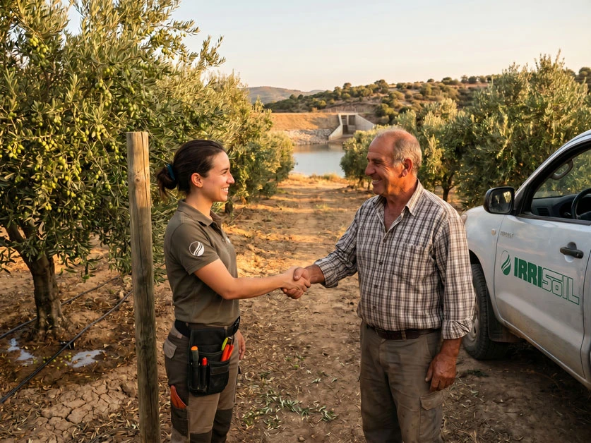Une technicienne Irrisoil serre la main d'un producteur dans son oliveraie, bassin d'irrigation au fond