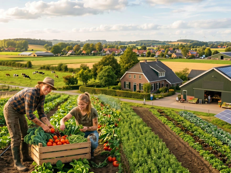 Deux maraîchers récoltent tomates, brocolis et haricots entre des planches de légumes