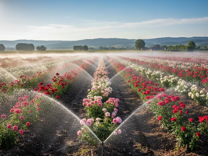 Micro-asperseurs en fonctionnement entre des rangs de massifs fleuris
