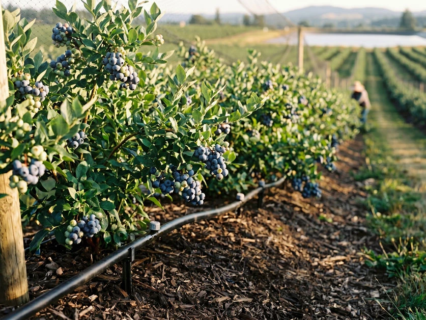 Myrtilliers chargés de fruits au-dessus d'une ligne de goutte-à-goutte posée sur un paillage