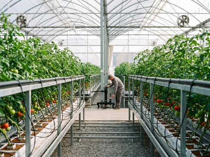 Serre de tomates cultivées hors-sol sur gouttières, chaque pot alimenté par un goutteur